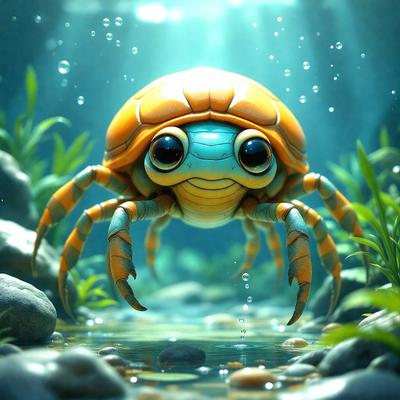 The primary subject of the image is a cartoon-like crab, which is the main object, scene, or focus of the image. The crab is depicted in a water environment, with a blue and yellow color scheme. The visual style of the image is digital art, as it is a computer-generated illustration. The overall atmosphere of the image is light-hearted and playful, as it features a cute and whimsical crab character.